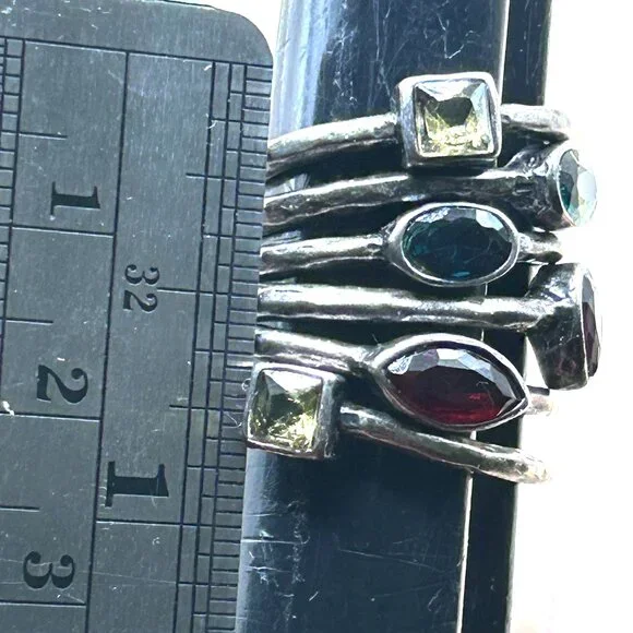 Bundle Lot of 6 Hammered Stacking Silver Gun Metal Crystal Colorful Stone Rings - Picture 5 of 9